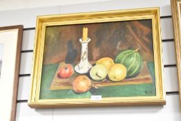 A still life, oil on board, signed bottom right, 43cm x 36cm approx