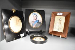 A portrait miniature of circular form depicting Mary Queen of Scots, h10cm, sold alongside 3 other