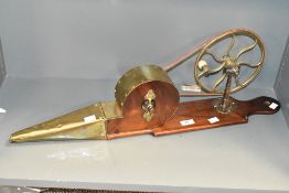 A 19th century mechanical fire bellow having brass wheel and wooden handle, L71cm