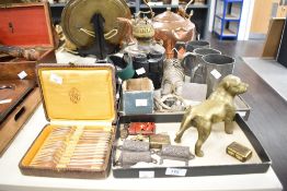 A brass pitbull/bulldog sculpture, h13cm, sold together with a Japanese enamel vesta case, a