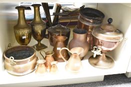 A copper and brass samovar, h31cm, sold together with a copper tea pot, measuring jugs ect