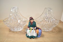 A pair of hand cut crystal basket vases, h20.5cm, sold together with a Royal Doulton 'Silks and