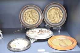 A pewter and ceramic pot stand depicting an English landscape, w17.5cm, sold together with various