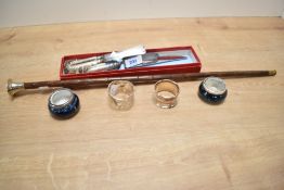 An early 20th century swagger stick, L53cm, sold together with 3 silver plated knives and a pair