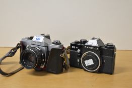 Two Praktica 35mm cameras, a Praktica EE2 and a Praktica LLC with a Meyer-Optik Görlitz Oreston 50mm