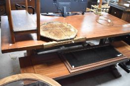 A large hardwood farmhouse style dining table and two matching benches, table approx. 210 x 100cm