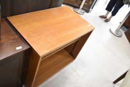 A vintage sapele office shelf, labelled project, dimensions approx. W75 D45 H60cm