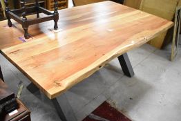 A modern 'Live Edge' dining table on metal X frame (legs detatch with allen keys), approx 180 x