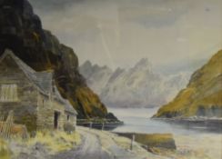 Edwin Grieg Hall (British 1929-2017) watercolour, mountainous landscape with lake and stone