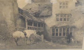 After William Woodhouse (British 1857-1935) monochrome print, horse rider and hound outside a house,