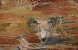 David Clyde Dridan (Australian b.1932) gouache, sheep skull within an abstract surround, signed in