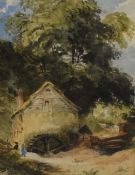 A 19th century English school watercolour, artist unknown, figures by a mill, within a broad card