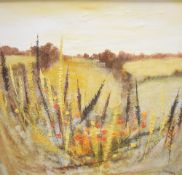 George Craig Spence (Scottish b.1931) A large 1970's oil on board, wheat fields with poppies, signed