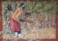 Hilary Armstrong (Contemporary) Batik showing a woman cutting crops with a machete, within gilt