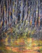 Jennifer M Wheten (Welsh 1941-2021) acrylic on board, abstract woodland scene, initialled lower