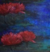 Artist unknown, a pair of attractive contemporary acrylics on canvas, depicting lotus flowers