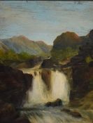 Artist unknown, early 20th century oil on board, waterfall scene, unsigned, within a moulded gilt