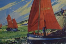 A 20th century colour print, crab or lobster boats, facsimile signature lower left within a gilt