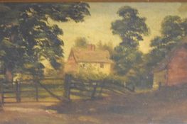 A pair of 19th English school type oil on boards, traditional rural scenes with buildings, unsigned,