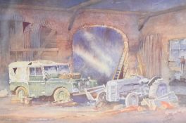 After G.T Brook (20th/21st century) limited edition colour print, barn interior with Landrover and