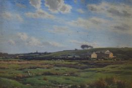 Reginald Aspinwall (British 1858-1921) oil on board, pastoral scene with farm buildings, signed