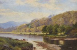 J Harris (British 19th/20th century) oil on canvas, river scene within a lakeland landscape,