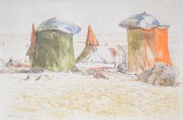After Tom Coates (British b.1941) lithograph, decorative family beach scene, unsigned, printed label
