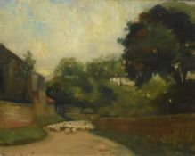 William George Robb (British 1850-1935) impressionist oil on panel, a figure droving sheep,