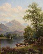 Daniel H Winder (British 1870-1920) oil on canvas, river scene with cattle watering, thought to be