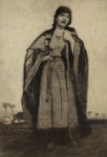 After William Lee Hankey (British 1869-1952) monochrome etching, robust country woman with hazel