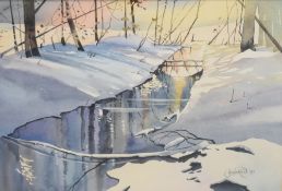 Josie Reid (British 20th/21st century) watercolour, woodland stream in winter, signed and dated 93