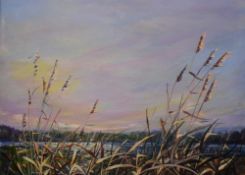 E Tracy (contemporary) acrylic on canvas 'Reeds' lake or riverscene, signed and entitled verso,