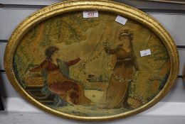A 19th century silk-work embroidery, of oval form depicting two female friends making floral
