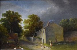 Jn Waite (British 19th century) oil on board, rural farm house with female figure feeding