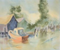 Coan (American? 20th century) oil on canvas, lake scene with moored boat, signed lower right,