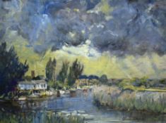 Chris Law (20th century) oil on board, impressionistic river or estuary scene with boats and