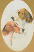 EA (artist unknown) oval watercolour, head and neck studies of two fox hounds, initialled EA, within