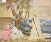A 19th century religious scene embroidered panel, worked in polychrome threads, within a moulded