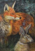 Kolbe (20th century) watercolour a large and striking depiction of a fox and Hare amongst grass
