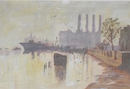 Diana T (British 20th/21st century) watercolour, a view of Battersea Power station and the river