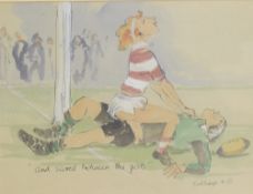 After Mark Huskinson (British 1935-2018) humorous colour print 'And Scored Between the Posts' signed