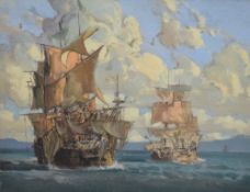 Artist unknown, an early/mid 20th century oil on canvas, maritime scene with masted galleons,