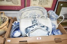 A carton of assorted blue and white ware including three chamber pots, a large water jug and a small