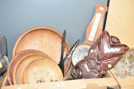 Four large wooden bowls, a hand carved Maori Tiki totem having inlaid paua shell eyes anf a banjo