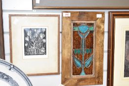 An Art Nouveau style ceramic tile mounted in a wooden framed signed David Tomlinson 2003 to the