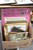 A carton of assorted pictures and prints including a framed poster from The National Portrait