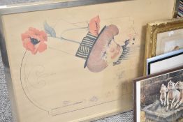 Eight assorted pictures including as print after Ian Nathan 'Three Little Pigs', in a simple brown