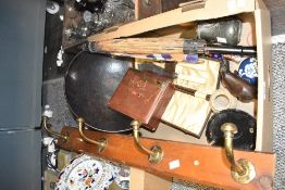 A miscellaneous selection of items including a large beaten metal dish, a vintage coat rack having