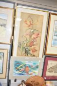 A watercolour depicting Koi fish signed MJ to lower right hand corner mounted in a clip frame 42cm x