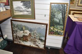 Two framed tapestry pictures one depicting a winter cabin the other a summer river scene both framed